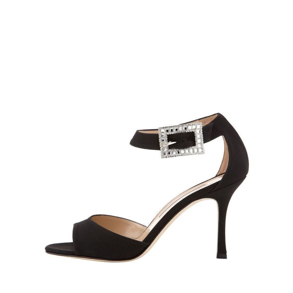 Manolo Blahnik Dribbin Crystal-Buckle Crepe Sandal Heels Black Size 40